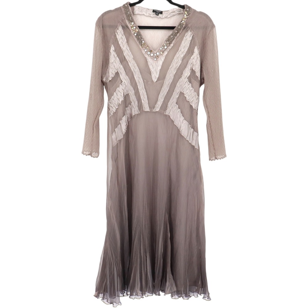 Komarov Womens XL Beaded V-Neck Pleated Chiffon Midi Dress Champaigne Taupe READ